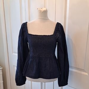 NWT J.Crew Womens Dark Wash Denim Smocked‎ Long Puff Sleeve Baby Doll Shirt MED